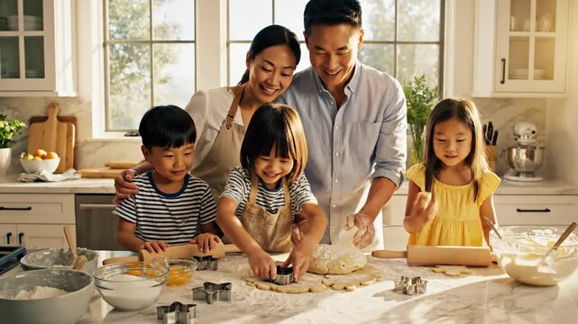 Family baking together in kitchen with sunlight and flour