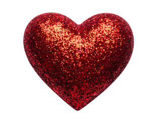 Sparkly red heart against a white backdrop. Dimensional object, bright, and catching the light
