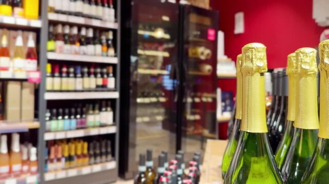 defocused alcohol (wine, champagne, liquor, whiskey) on store shelves