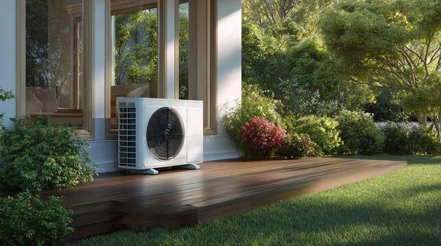 A modern heat pump system installed in a lush garden environment for energy-efficient home heating. AI generated image