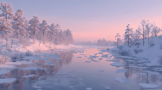 A tranquil winter landscape with snow-covered trees reflecting in a partly frozen river at dawn or dusk