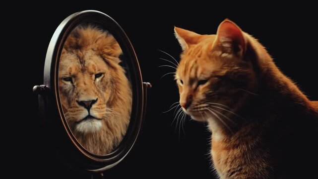 Domestic cat looking into a mirror and seeing a lion reflection. Concept of inner strength, confidence and self-esteem. Orange tabby staring at wild animal face on black background