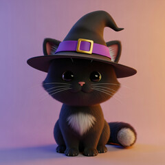 Black kitten wearing a witch hat with purple ribbon