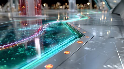 Holographic business data projection on futuristic floor with neon green analytics and digital growth visualization