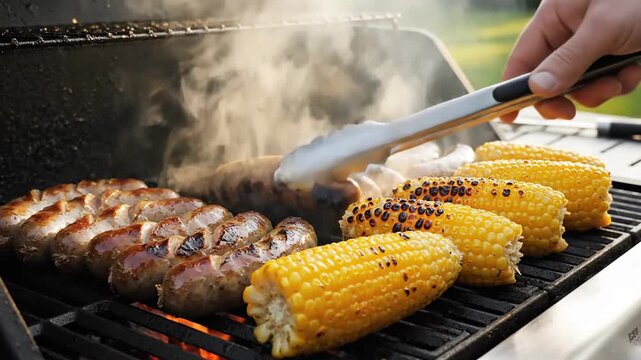 Grilled food preparation close up with tongs and corn on the cob