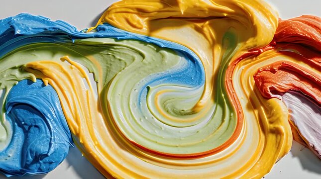 Swirling, vivid paint strokes blend across a bright surface, creating an abstract, colorful texture