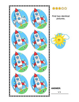 Visual puzzle: Find two identical pictures of rockets or spaceships. Answer included.

