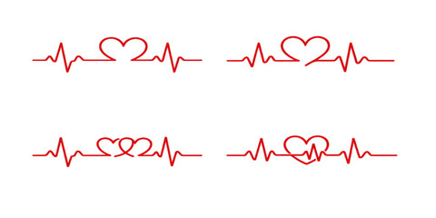 A vibrant red vector illustration of a medical heart symbol featuring a white cardiogram pulse line to monitor heartbeat and life for healthcare and cardiology diagnostic services