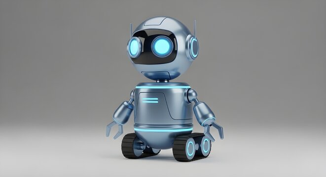A futuristic cartoon-style 3D robot with a blue metallic body, glowing eyes, a sleek and modern design, riding on small tank wheels, giving the impression of being intelligent, friendly and high-tech.