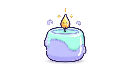 A cute aromatherapy candle icon featuring purple and turquoise melts and a small, smiling flame. A calm, aesthetic, and adorable minimalist design on a clean white background.