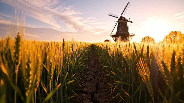 Windmill over golden wheat field at sunset with dirt path leading through crops