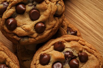 A close-up photograph of freshly baked chocolate chip cookies