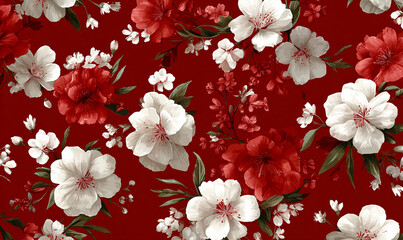 A vibrant floral pattern featuring white and red flowers on a deep red background with green leaves
