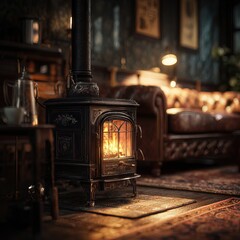 Cozy living room interior with a warm, burning fire in a traditional stove. House Heating. AI generated image