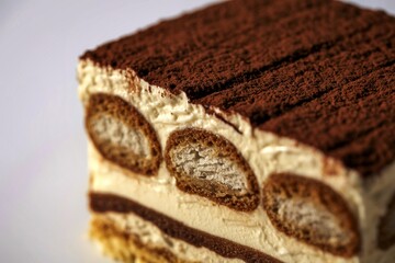 A photograph of an elegant tiramisu dessert slice
