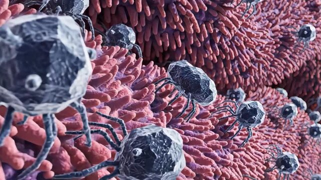 phage swarm on intestinal microvilli, close-up of bacteriophage particles attaching via tail fibers to pink epithelial surface and textured villi, progressive binding and host interaction, infection