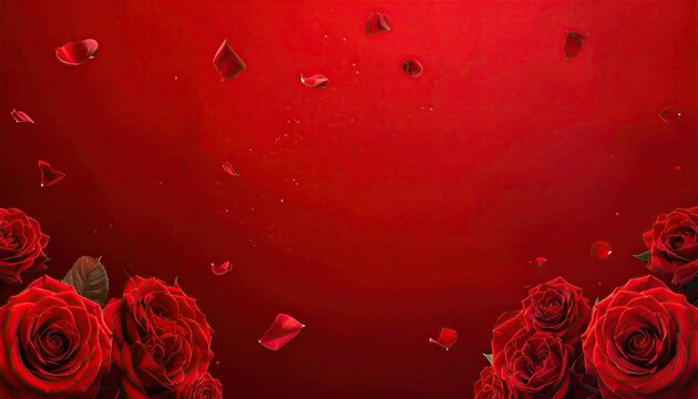 Lush red roses cascade with petals falling on a textured crimson background