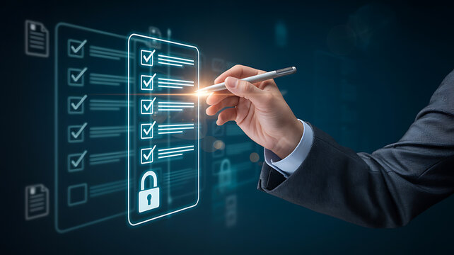 Businessman checking secure digital checklist with glowing blue interface