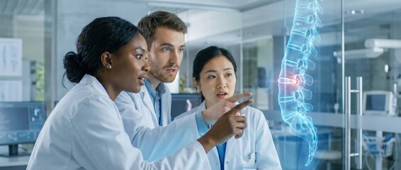 Fototapeta premium Diverse medical team analyzing holographic spine projection, discussing patient diagnosis and treatment in modern laboratory Concept of healthcare innovation, research, and technology