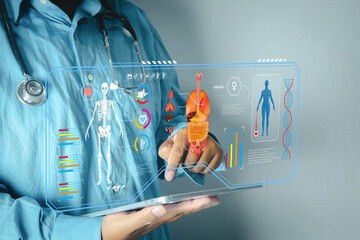 Doctor holding digital tablet with futuristic virtual screen interface showing human anatomy organs, skeleton, and DNA analysis. Medical technology, future healthcare, and AI diagnosis concept.