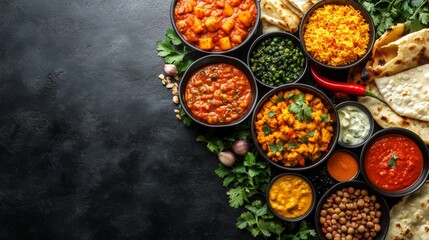 Bright Indian dishes on black plates on a dark table create a festive dinner atmosphere, serving as the main backdrop for advertising ethnic cuisine or culinary master classes.