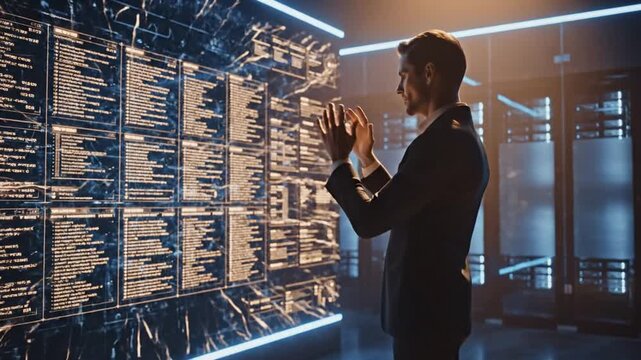 Businessman in data center studies interactive holographic display on dark wall with glow lines