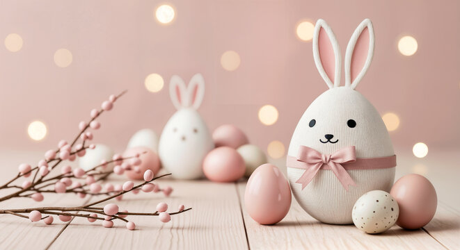  Osterhase als Ei-Deko mit rosa Schleife, pastellfarbene Ostereier und Fr&uuml;hlingszweige vor rosa Bokeh