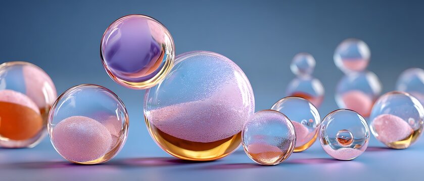 Transparent glass spheres with liquid gold and pink bubbles business success growth reflection 3D render