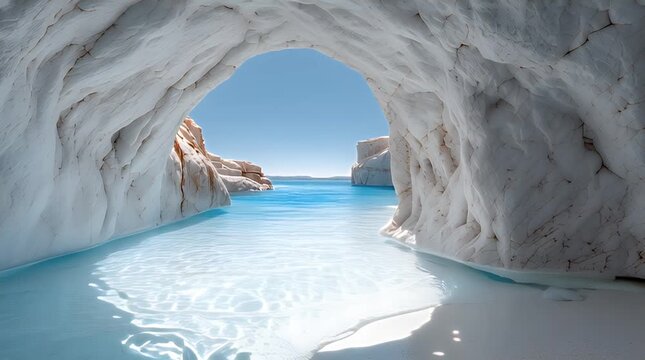 Serene water cave with a clear blue sky visible at the exit and white rocky walls & a beach like bottom