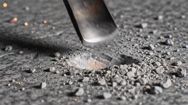 Powerful Jackhammer Bit Smashes Concrete, Creating a Spectacular Shower of Fiery Sparks in Extreme Slow Motion.