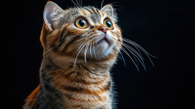 Curious cat tabby cat domestic cat pet feline whisker bright eye animal portrait fluffy fur black background Curious cat tabby cat domestic cat pet feline whisker bright eye animal portrait fluffy - Powered by Adobe
