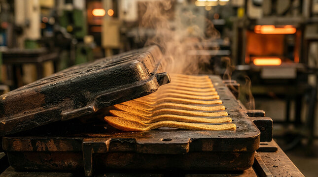Edible Spoons: Freshly Baked Edible Spoons in Hot Iron Mold, Sustainable Cutlery Manufacturing Process, Steam Rising, Industrial Food Production
