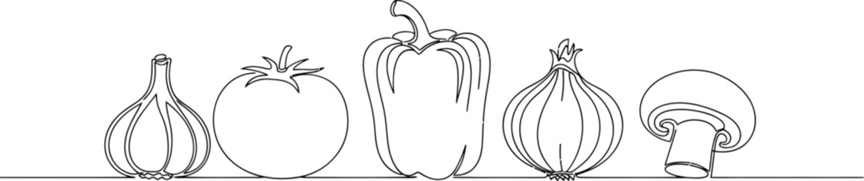Simple line drawing of five fresh vegetables - garlic, tomato, bell pepper, onion, and mushroom - for healthy eating themes.