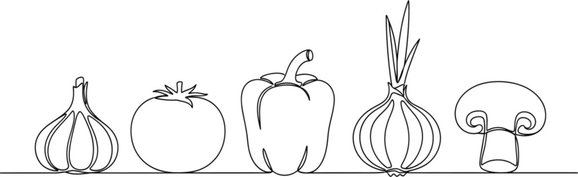 Charming line art illustration of five vegetables: garlic, tomato, bell pepper, onion, and mushroom, for healthy food concepts.