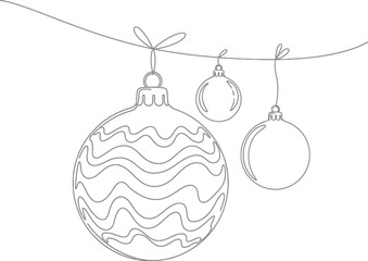 Fototapeta premium Minimalist line art illustration of three hanging Christmas baubles, one intricately patterned, for festive holiday designs.