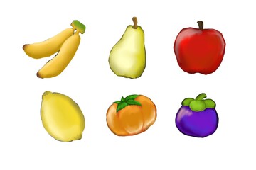 digital illustrations of fruits such as bananas, pear, apple, lemon, tomato, and mangosteen. It can be used for food education, menus, posters, children&rsquo;s books, apps, or decorative design elements