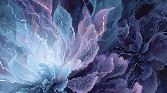 Abstract, floral-like shapes in shades of blue and purple overlap with wispy outlines on a dark background