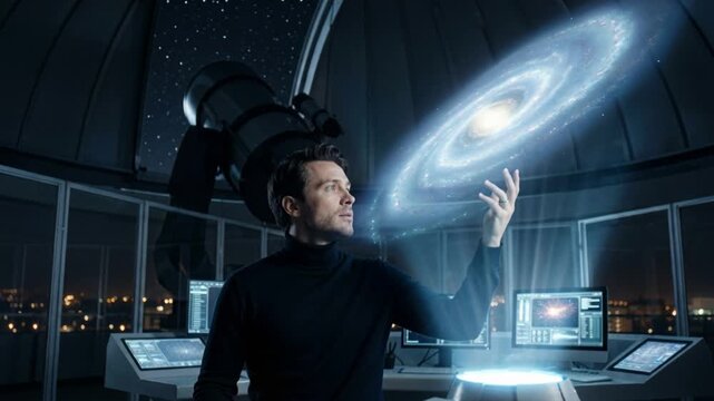 Scientist interacting with a 3D holographic spiral galaxy in a modern observatory. Man studying space using advanced technology and data. Astronomy and future exploration concept