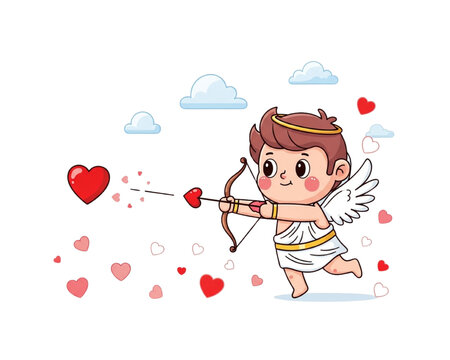 Cute Cupid Shooting Heart Arrow Flat Vector. Little Angel with Wings and Bow. Happy Valentines Day Character. Romantic Love, Amour and Archery Concept. Isolated Cartoon Illustration.