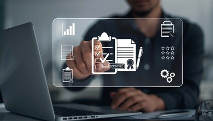 Man interacting with a virtual interface displaying business documents, checklists, and data analytics icons, representing digital compliance and process management.