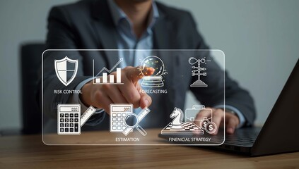 Businessman interacting with a futuristic holographic interface displaying financial management and business strategy icons.