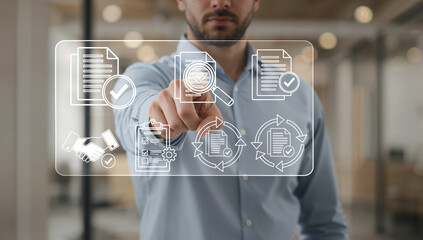 Man interacting with a holographic interface for digital document management and workflow automation in a modern office.