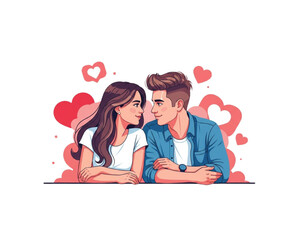Loving couple looking into each other's eyes surrounded by red hearts. Young man and woman dating. Romantic relationship and Valentine's Day concept. Flat vector illustration isolated.