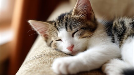 Fototapeta premium Adorable tabby kitten sleeping peacefully on a cozy couch in warm sunlight, capturing the essence of comfort and tranquility in a home setting