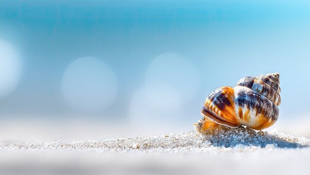 Single seashell rests on white sand near tranquil blue water.