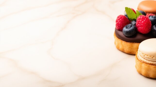 Two delicate pastries sit on a pale marble surface a berry-topped tart with mint and two macarons nearby now