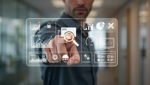 Businessman interacting with a futuristic transparent screen displaying data analytics and business intelligence dashboards. - Powered by Adobe