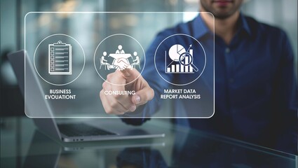 A person interacts with a futuristic holographic interface displaying business evaluation, consulting, and market data analysis options, highlighting modern business technology.