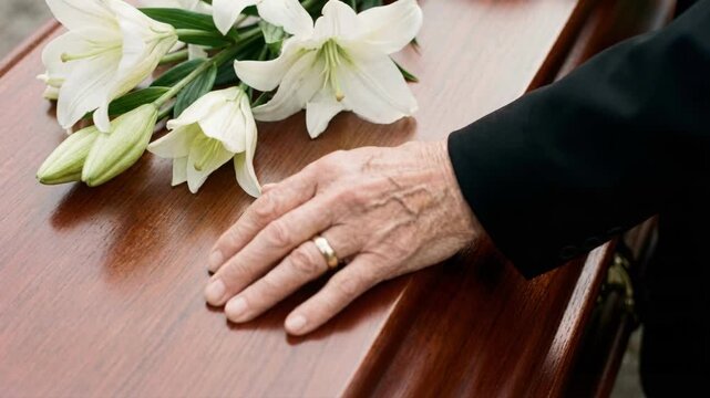 Close-up of an elderly hand with a wedding ring resting on a polished wooden coffin. White lilies on a casket during a funeral service. Mourning and loss of a spouse concept