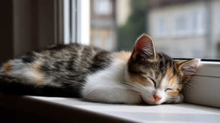 Cute sleeping calico kitten resting on sunny windowsill with gentle light illuminating its fur and creating a peaceful atmosphere in cozy home setting